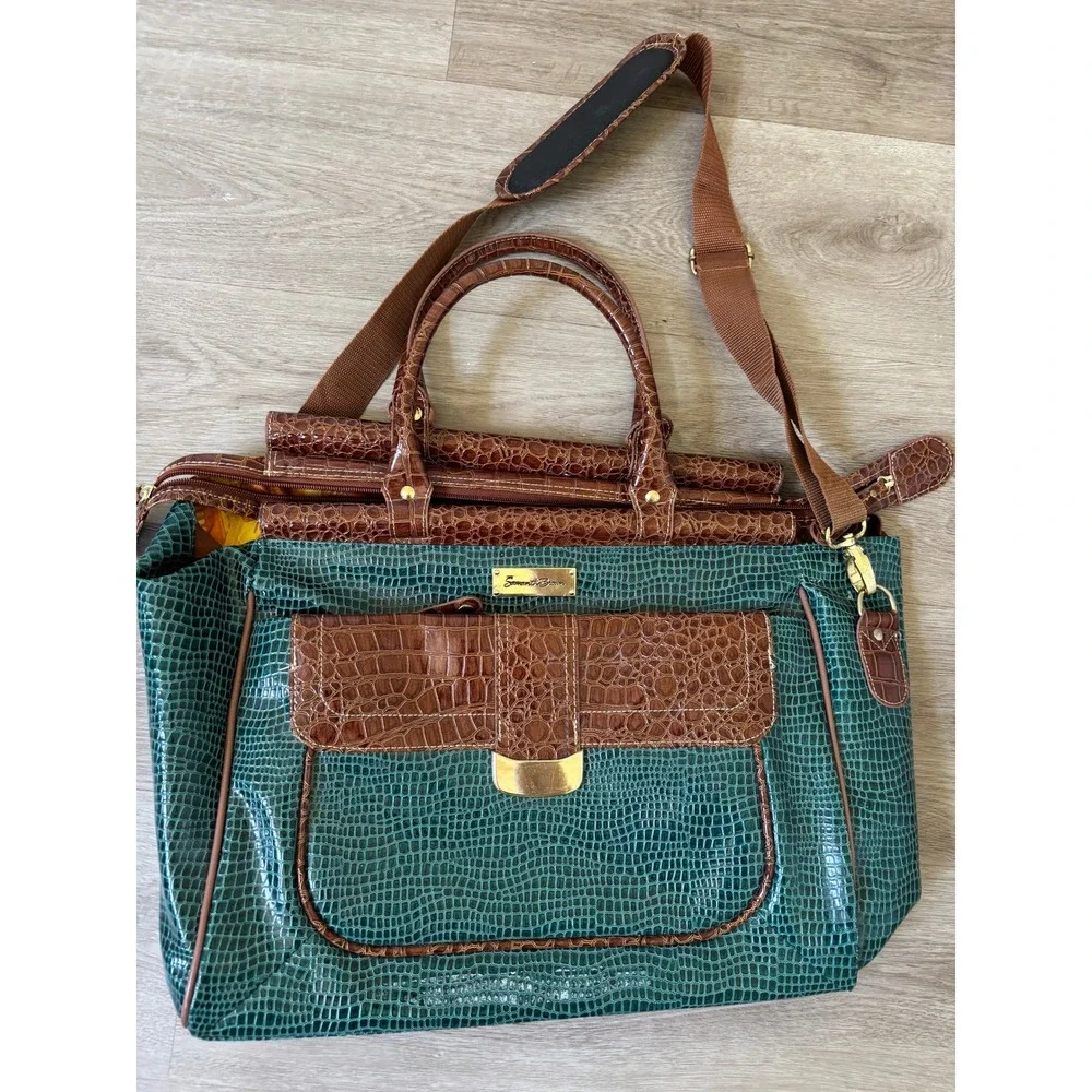 Samantha Brown Teal Brown Croc Embossed Travel Tote Bag Carry On Shoulder Bag